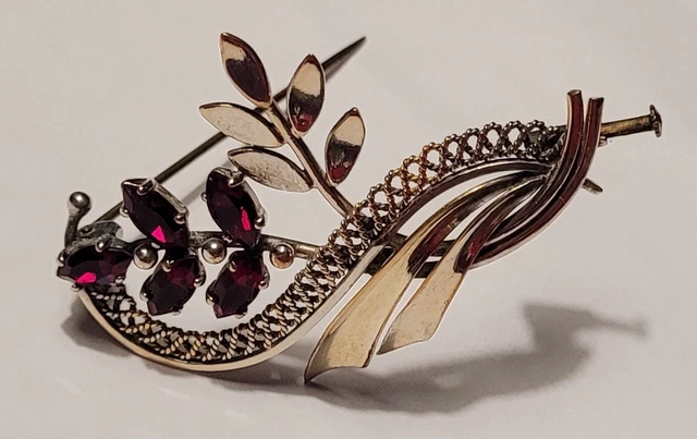 Broche Vintage Grande Fleur Or Avec Cristaux Rouges - Signée, état Impeccable (occasion)