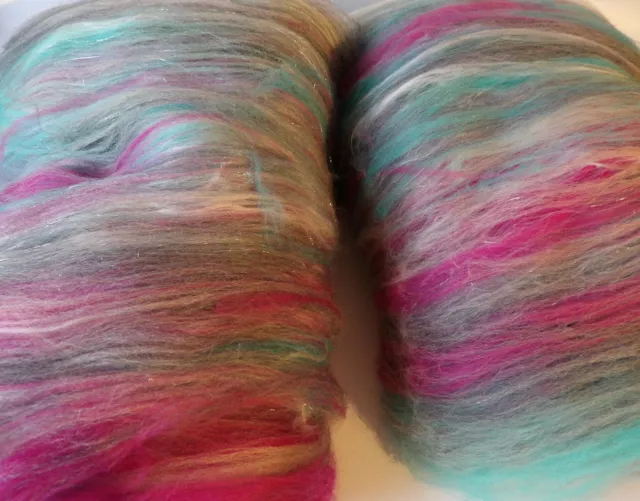 Mint Berry Sparkle Blend Carded Art Batt 25-100g Masham Merino Silk Felt & Spin