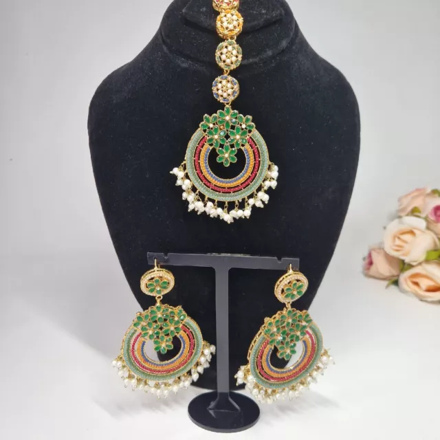 Indian Pakistani Gold Tikka And Earrings Set With multi Stones