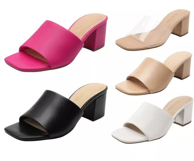 Women Slip On Slide Sandals Low Chunky Heel Square Open Toe Heel Sandals