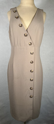 Antonio Melani Size 6 Tan Beige Button Down Midi V-Neck Dress
