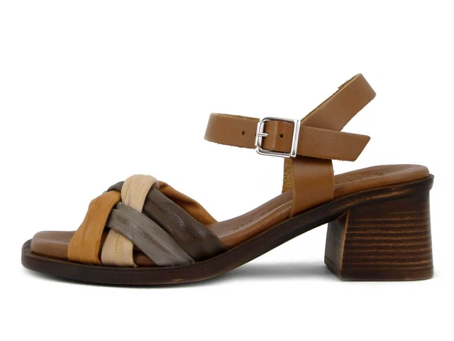 Sandales Femmes en Cuir Tressé Brun Cuir Talon Medium Bas RAQUEL PEREZ