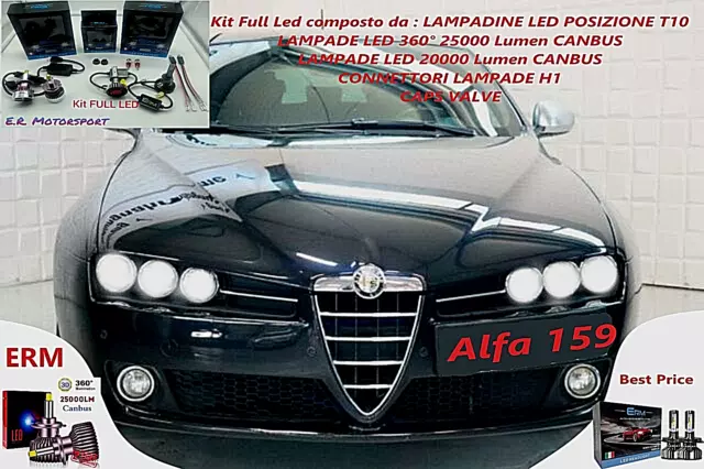ALFA 159 KIT FULL LED CANBUS H7+H7 6000°K 25k+20K Lm+2 ADDAT+T10 W5W+VALVE CAPS