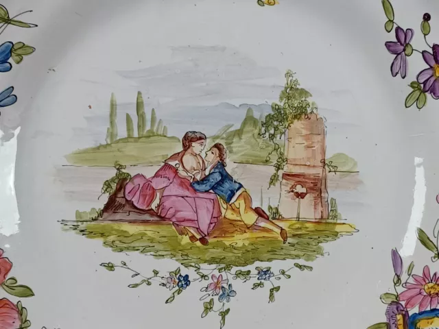 19th Century French Faience Hand Painted Watteau Scene & Floral Shell Edge Plate 2