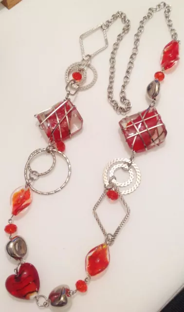 grand collier rétro perle en verre coeur rouge déco cercles couleur argent A17