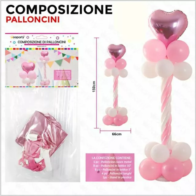 Colonna Di Palloncini Rosa E Bianchi Con Cuore Metallizzato Decorazioni Bambina