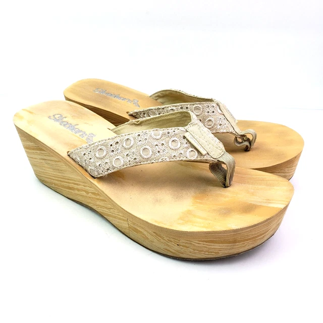 Skechers Womens Size 9 Beige Wood Slip On Platform Wedge Thong Flip Flop Sandals