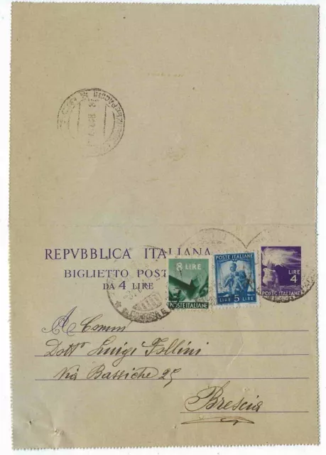 Intero Biglietto Postale - Repubblica - 1948 - Repubblica Italiana - 4 L viola