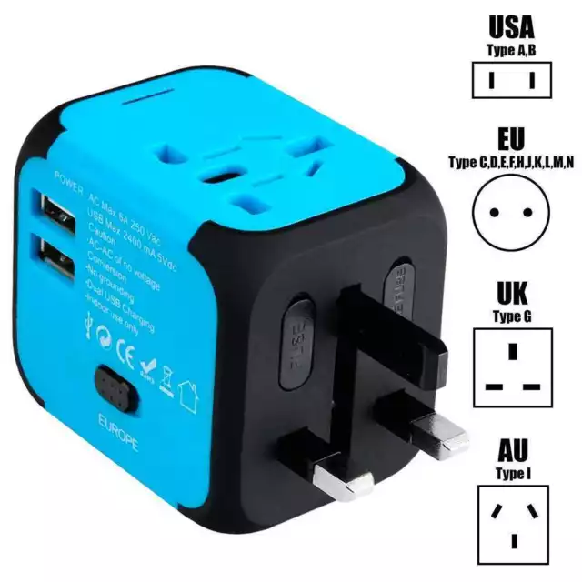 AC ADAPTATEUR PRISE Electrique Universel UK AU US USA Anglaise avec 2 USB  Bleu EUR 27,99 - PicClick FR