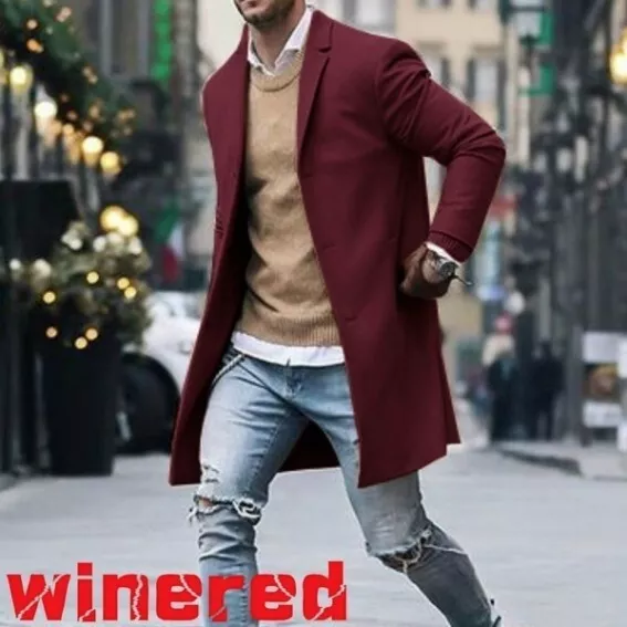 Men's Winter Warm Trench Coat Outwear Overcoat Casual Long Sleeve Button Jacket 4