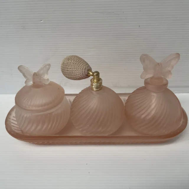 4 Pc Pink Frosted Glass Vanity Set ~ Tray Perfume Bottle Jar Atomizer A16