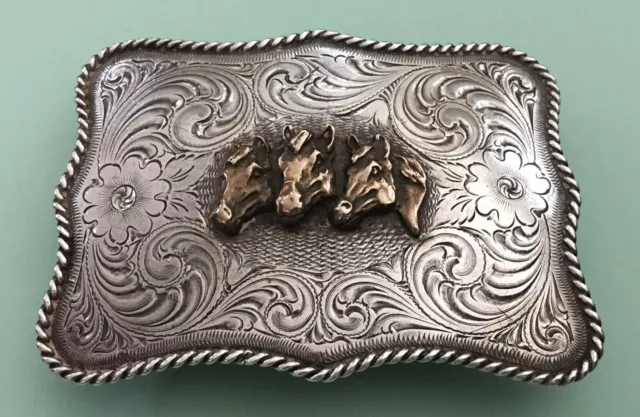 Premium Antique Western American Vintage Sterling Silver SSS Horses Belt Buckle