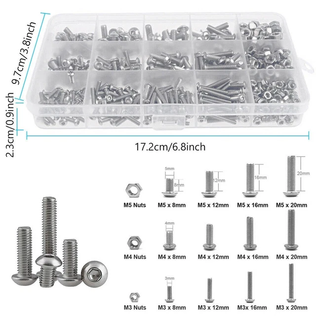 Kit dadi a vite bulloni in acciaio inox forti e durevoli 500 pz. M3 M4 M