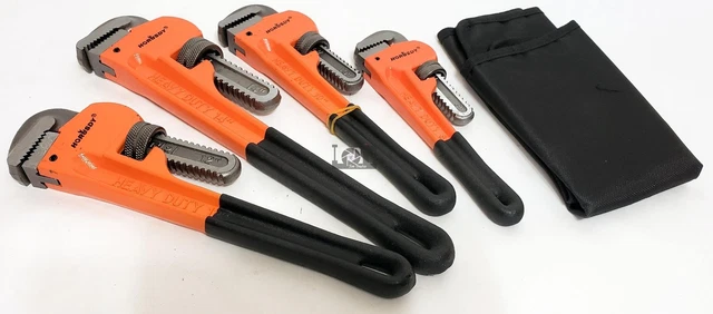 4pc Pipe Wrench Set Heat Treated 8" 10" 12" 14" with Case