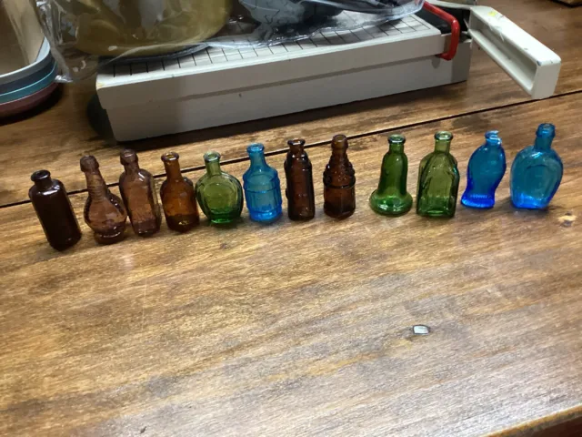 12 Vintage Assorted Mini WHEATON GLASS Bottles/Amber/Green/Amethyst 2” Taiwan