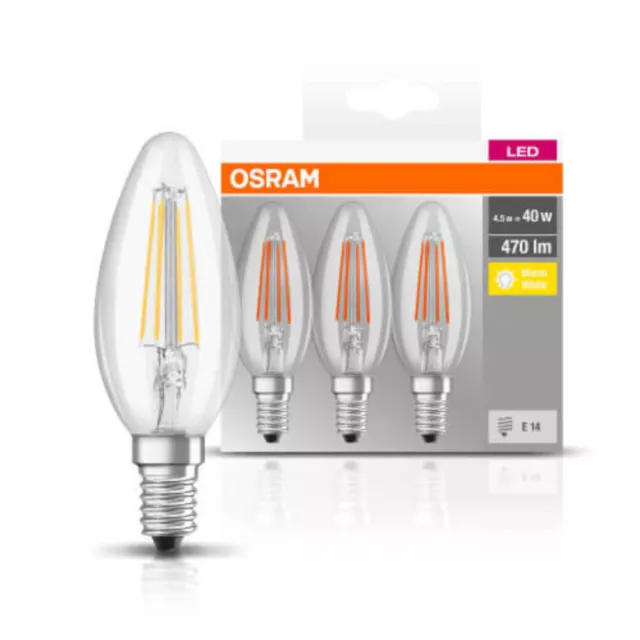 3 x Osram LED Filament Leuchtmittel Kerzen 4W = 40W E14 klar 827 warmweiß 2700K