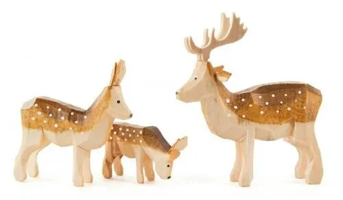 Wooden Reindeer German 2 inch Hand Carved Figurine 3 Piece Set