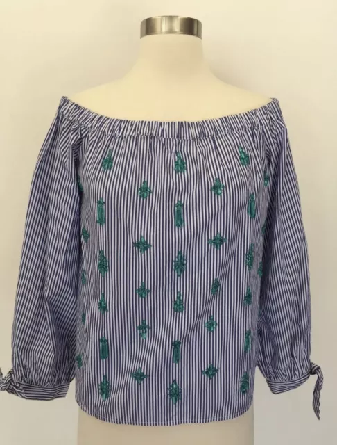 New J Crew Embellished off-the-shoulder Striped Top Blouse White Blue 14 G7522 j