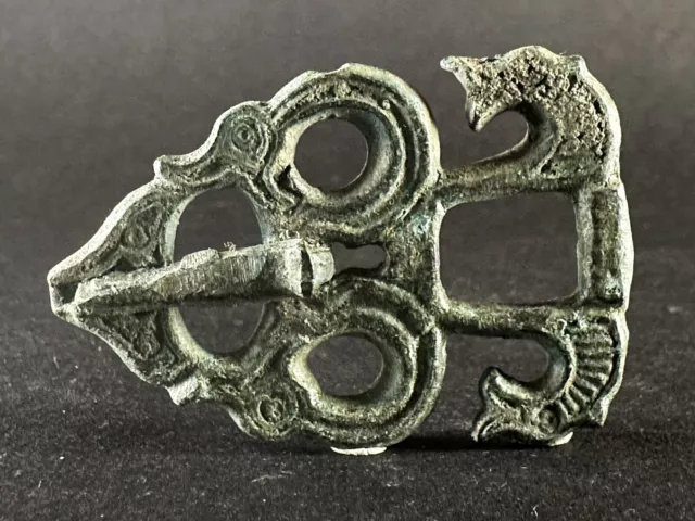Very Rare - Ancient Viking Norse Bronze Dragon Detailed Belt Buckle - Ca 800 Ad