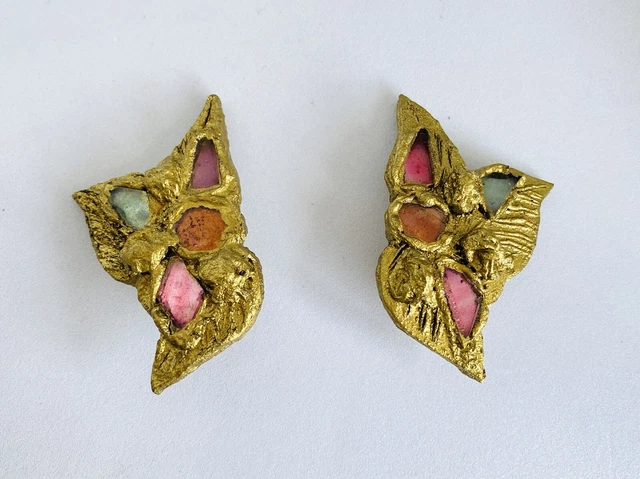 Boucles D'oreilles Vintage Maille Martelé Métal émaillé Multicolore - Occasion - Modèle #G1