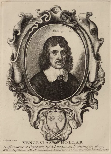 Wenzel Hollar, Selbstbildnis – mit dem Wappen des Vaters – Radierung 1647,