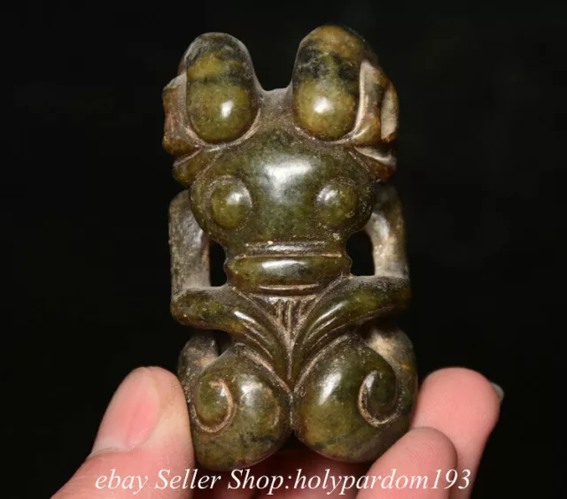 3" Old Chinese Hongshan Culture Hetian jade Carved Beast Head Sun God Statue