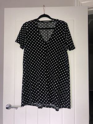 Zara Black White Polka Dot Spot V Neck Short Sleeve Dress (M)