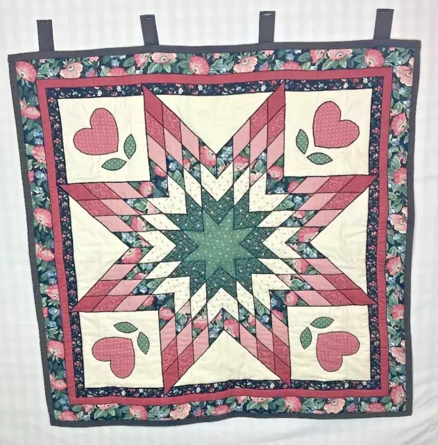 Folk Art Quilted Lone Star Hearts Handmade wall Hanging green pink 31" by 31"