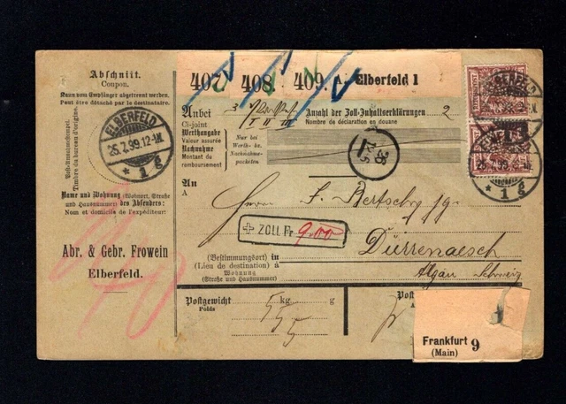 Dt. Reich 1899 - Paketkarte mit 3 Paaren, Marken mit Perfin   (a897)