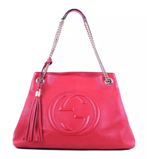 GUCCI Cherry Red Pebbled Leather GG Chain Handle SOHO Satchel Bag