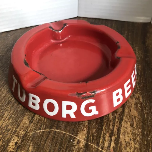 Vtg Tuborg Beer Red Enamel Ashtray Barware  Denmark Danish Brewing Co