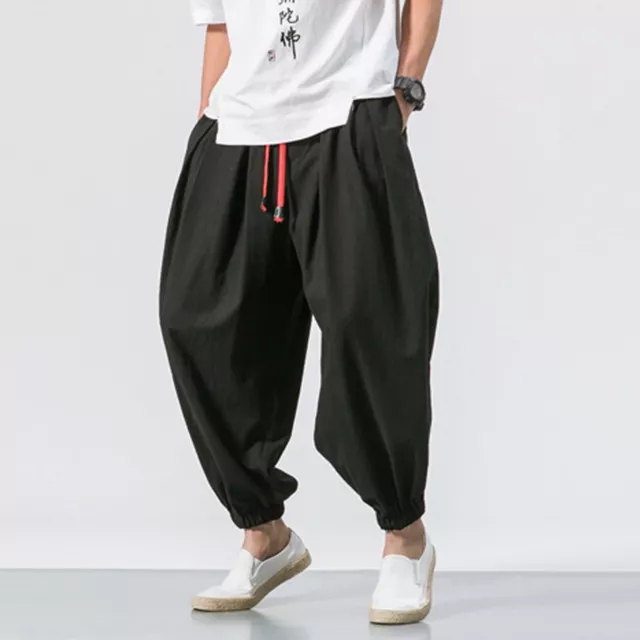 AU Men's Casual Cotton Linen Baggy Harem Plus Size Wide Leg Trousers Loose Pants