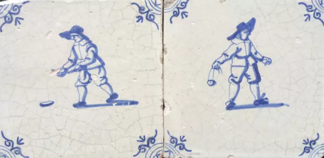 Antique 2 x Dutch Delft Tile Playing Ball 17th C.