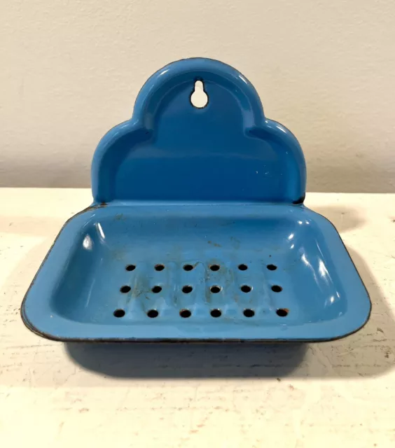 Antique  Enamelware Soap Dish Wall Hung Blue 5”