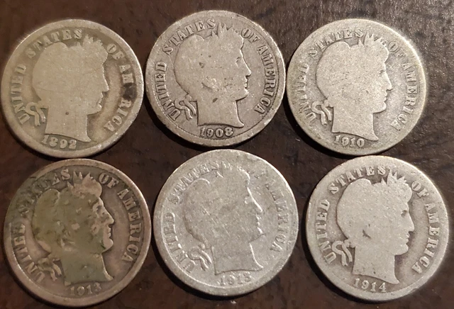 Lot of 6 US Barber Liberty Silver Dimes - 1892 1908-D 1911 1913 1913 1914-D