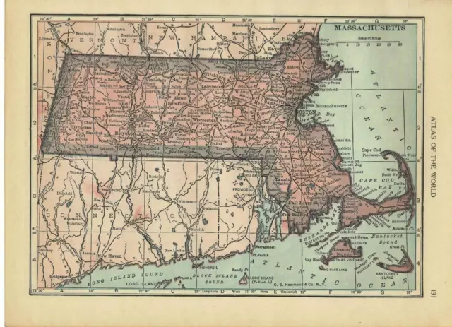 1931 Vintage Massachusetts State Map/ 6x8 Great size for Wall Art/ 90 years old