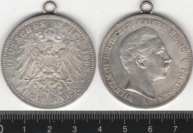 Germany - Prussia: 1908A Five Marks silver Funf Mark Deutsches Reich  pendant