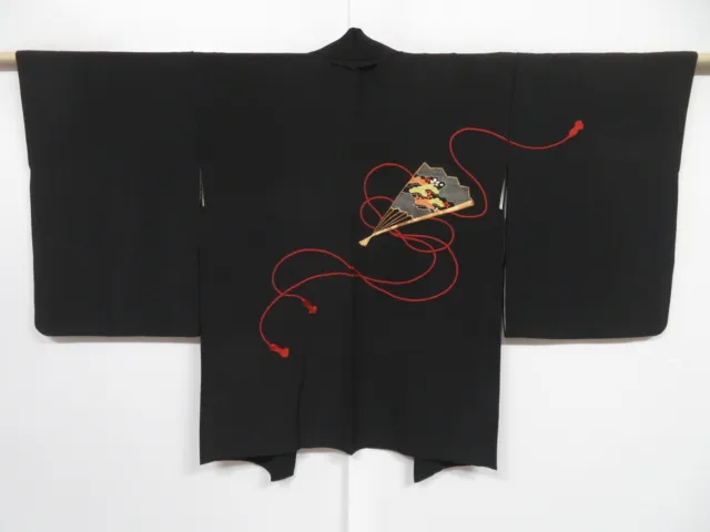 0728i10z620 Vintage Japanese Kimono Silk HAORI Black Folding fan