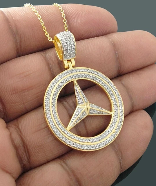 1.80Ct Rond Bonne Coupe Moissanite Mercedes Logo Pendentif En Or Jaune 14k...