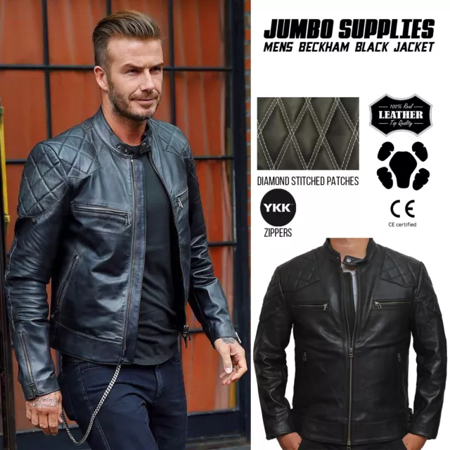 Mens BECKHAM Leather Jacket Black Quilted Biker Style Jacket with CE Armors