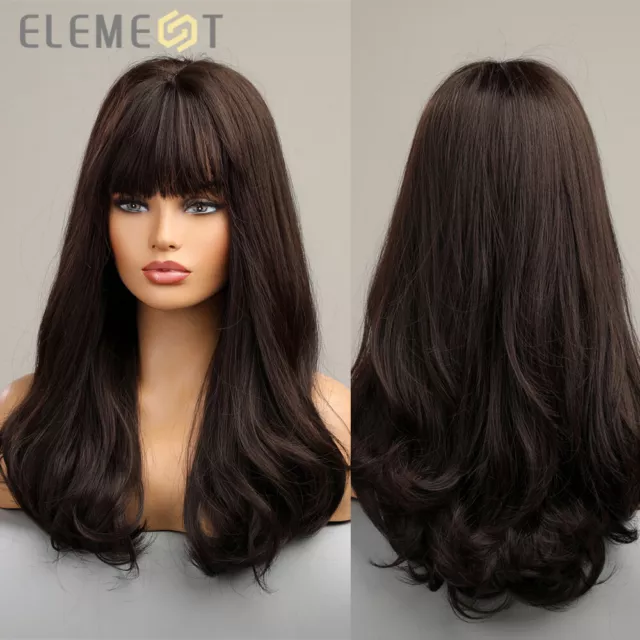 ELEMENT Long Wavy Hair Wigs with Bangs For Women Dark Brown Daily Wig with Bangs