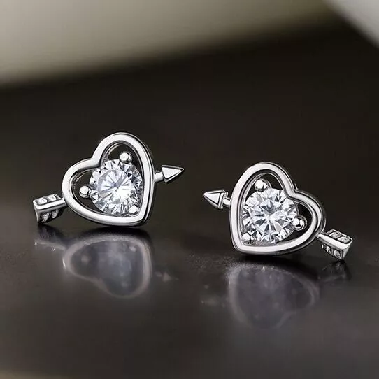 925 Sterling Silver Crystal Love Heart Stud Earrings Women Girls Jewellery Gift