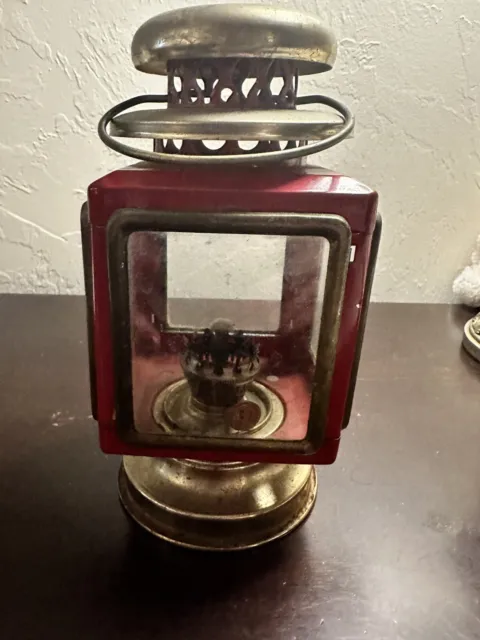 Vintage 8" Carriage Railroad Hurricane Red Gold Metal Oil Kerosene Lamp Lantern