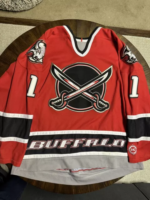 Vtg Miroslav Satan Buffalo Sabres red Butter Knives Hockey Jersey XL