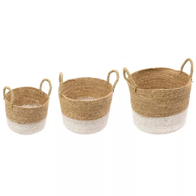 Set of 3 Cane White Shabby Chic Farmhouse Storage Round Open Baskets Handles NEW