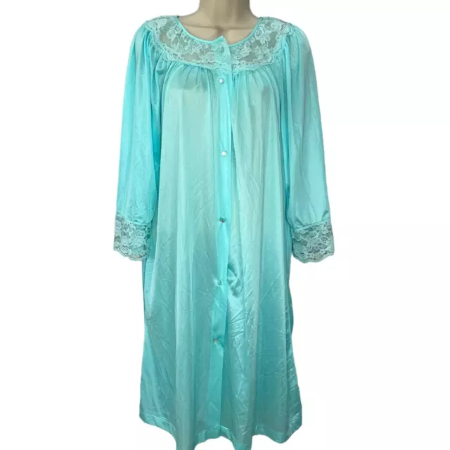 VINTAGE GILEAD NYLON Robe Housecoat Sz S Silky Lace Button Teal Blue 3/ ...