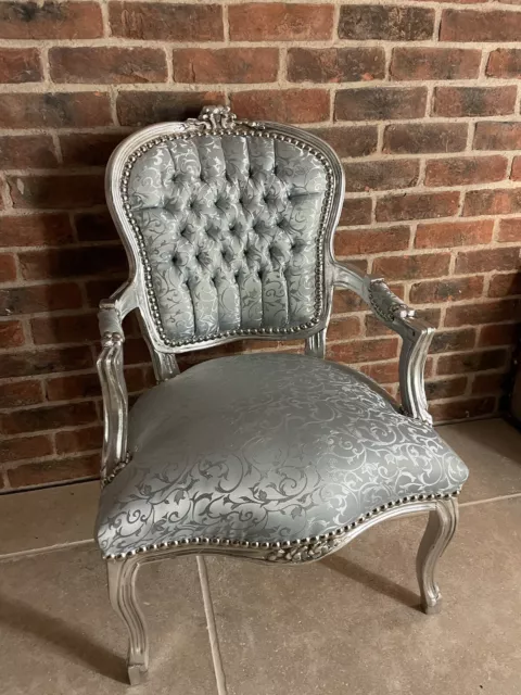 French Louis Style Shabby Chic Chair Silver Damask With Silver Frame