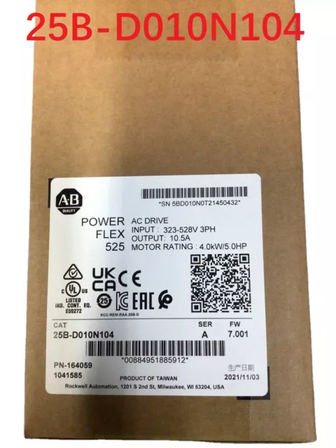 Factory Sealed Allen Bradley 25B-D010N104 /A Powerflex 525 AC Drive 5HP 4.0KW