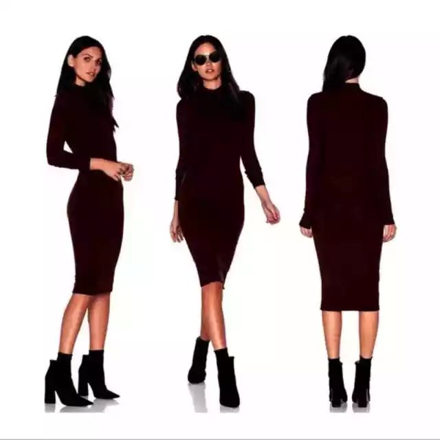 ATM Black Micromodal Bodycon Rib Knit Mock Neck Long Sleeve Midi Dress Size S