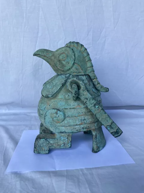 Chinese Warrior Bird Bronze Water Wine Container Carrier Statue Dynasty Ware